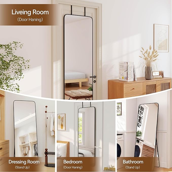 NARCISSUS 57x20 Mirror Door Hanging Full Length Body with Floor Stand or Wall Mounted Metal Aluminum Frame Tempered Glass Rectangle Mirrors for Bedroom Dressing Living Room Bathroom 57 inch Black