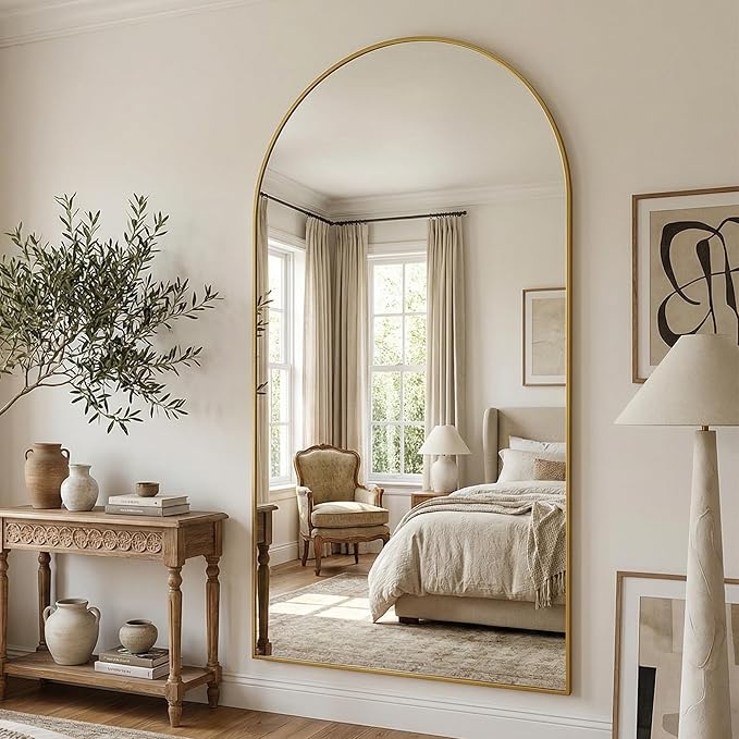 Suidia 90"x46" Arched Full Length Mirror with Stand, Full Body Mirror with Aluminum Frame, Freestanding/Leaning/Wall-Mounted, Floor Mirrors for Bedroom, Living Room, Entryway, Dressing Room, Gold