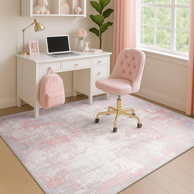 RELEANY Washable Area Rugs 4'x5' Non-Slip Modern Abstract Soft for Living Room Entryway Bedroom Nursery, Print Pattern, Grey Pink