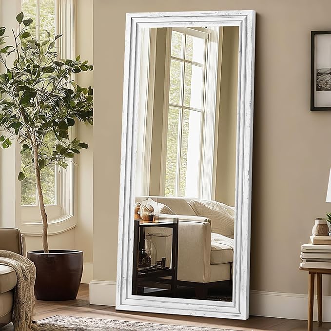 Full Length Wood Mirror 71x30 - Rustic Solid Wood Floor Mirror with Triple Layer Frame, HD Tempered Glass, Wall Mounted or Leaning Standing Mirror Vintage White Mirror for Bedroom Bathroom Living Room