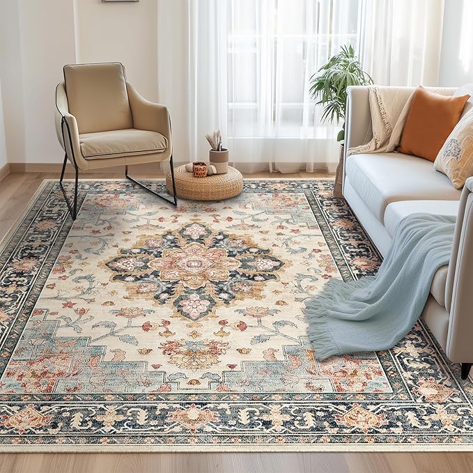 CAPALOCA Machine Washable Rugs Nursery Rug 8x10 Cute Girl Non Slip Low Pile Water Repellent Soft Print Pattern for Bedroom Indoor Decor Kids Playroom Bluebeige