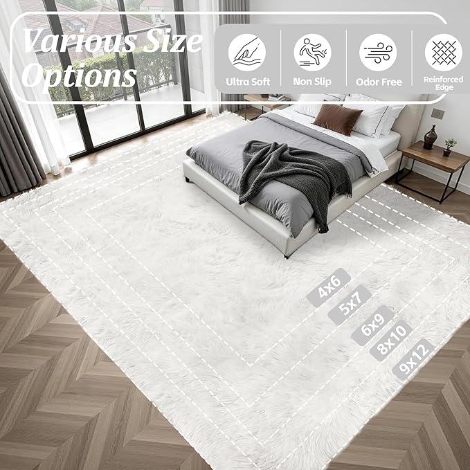 Fluffy 5x7 Area Rugs for Living Room Bedroom: Ultra Soft Shag Rug Non-Slip Non-Shedding Small Plush Bedside Rug Indoor Floor Carpets for Kids Room Playroom Entryway Nursery Dorms Home Decor Ivory