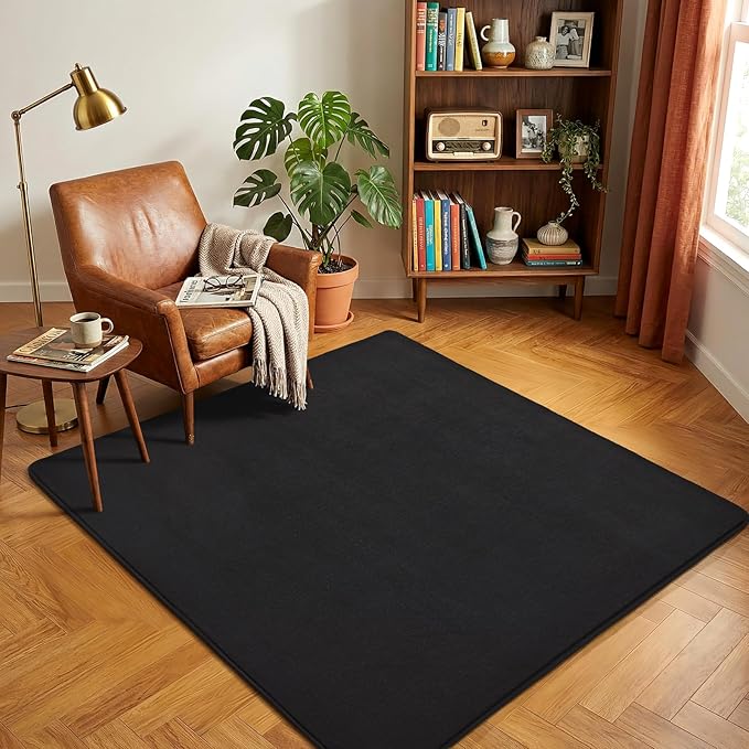 Amearea 5x5 Square Area Rugs for Bedroom Living Room, Modern Black Thickened Memory Foam Rug, Fluffy Indoor Washable Rugs Non Slip Minimalist Carpet for Kids Boys Girls Dorm Nursery Room Decor