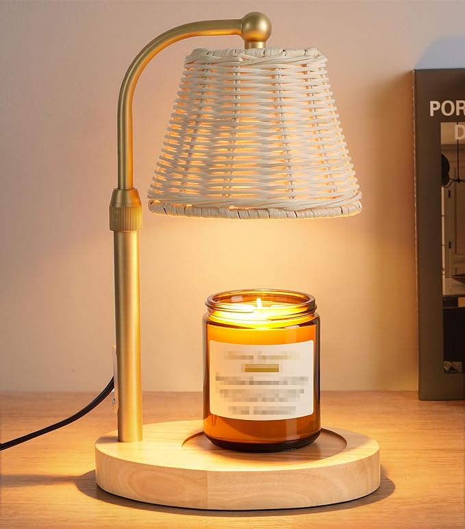 Candle Warmer Lamp with Timer Dimmer, Natural Weaving Boho Candle Lamp Birthday Gifts for Women, Mom, House Warming Gifts Wax Melt Warmer for Jar Candles with 2 Bulbs, Khaki