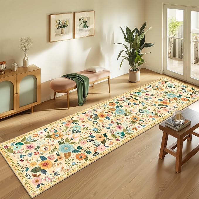 RELEANY Floral Nursery 2x8 Area Rugs Washable Print Boho Cute Carpet Non Slip Flower Low Pile for Living Room Kids Girls Playroom Bedroom Kitchen Office Farmhouse-Ivory/Yellow