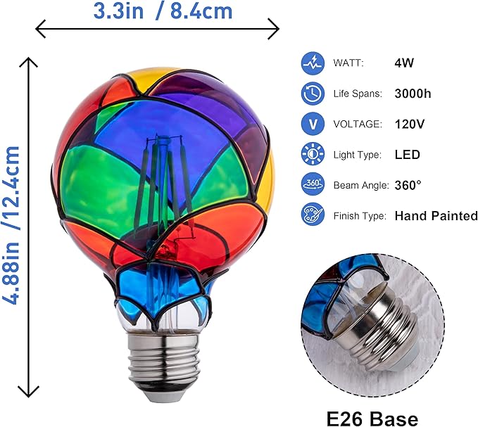 Stained Glass Light Bulb, Rainbow Painted, 4W 120V, Multi Colored Indoor, Fun Romantic, Unique Decorative
