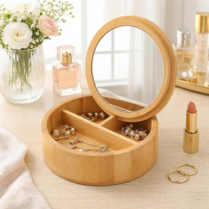 EVIDECO French Home Goods Round Bamboo Box with Mirror Lid - 3-Compartment Organizer for Jewelry, Makeup & Small Accessories - Compact 5.25-Inch Design for Bathroom, Vanity or Dresser