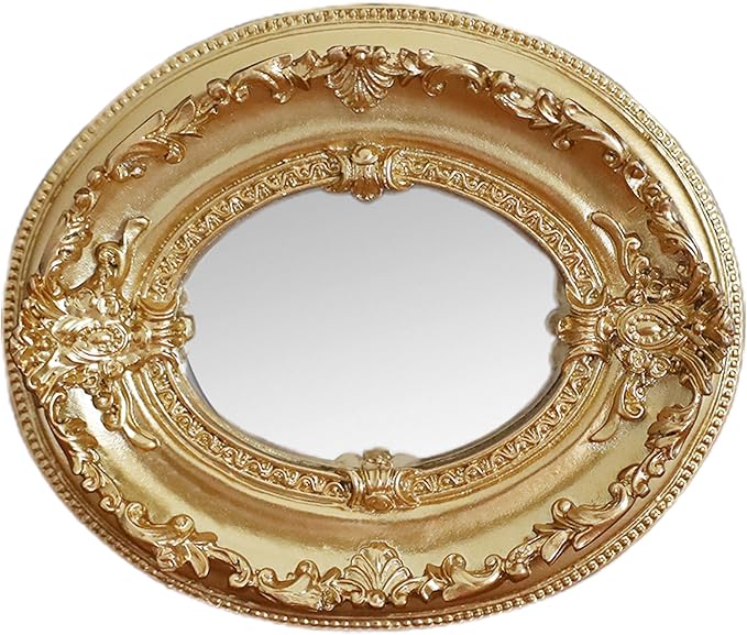 Golden Mini Vintage Mirror with Exquisite Relief Elegant Wall Decor for Bedroom Dresser Table Compact Resin Retro Design (Golden Oval, 4.7 X5.5)