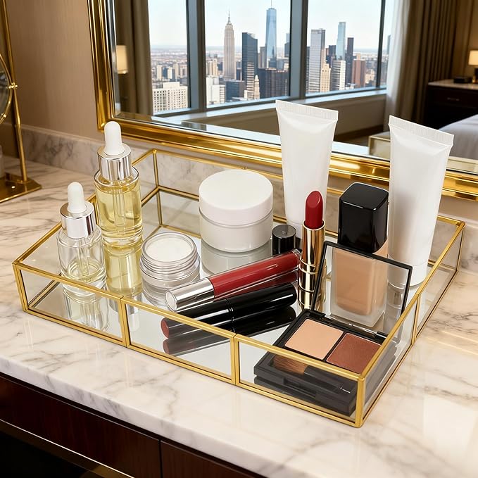 Gold Mirror Tray - Metal Decorative Perfume Organizer - Makeup Vanity Tray for Dresser，Jewelry,Bathroom, Bedroom