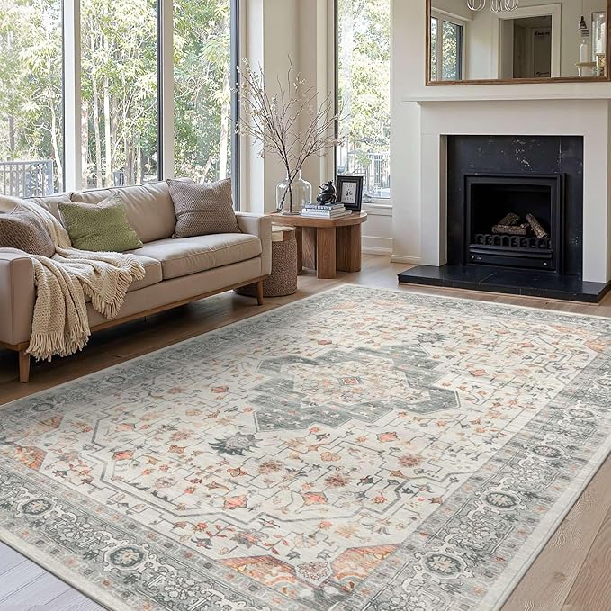 Rugxara 8x10 Washable Area Rug for Living Room, Vintage Neutral Extra Large Boho Rugs for Office, Kids Room, Farmhouse, Durable Low Pile Non Slip Carpet for High Traffic Areas, Taupe