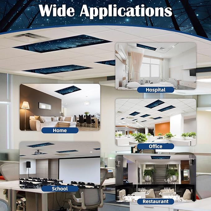 ANGSYLTH 2 Pcs Fluorescent Light Covers - 4 x 2 Feet Covers for Ceiling Lights, Magnetic Light Filters for Classroom, Office, Hospitals, Home (Forests & Starry Sky-2)
