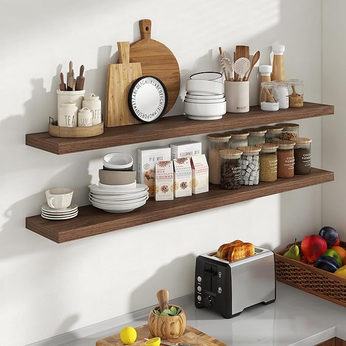 Acovy 55 Inch Floating Shelves, 8 Inch Deep Floating Shelves for Wall, Hanging Shelf with Invisible Brackets, Deep Shelves for Bathroom, Bedroom, Living Room, Walnut, Set of 2