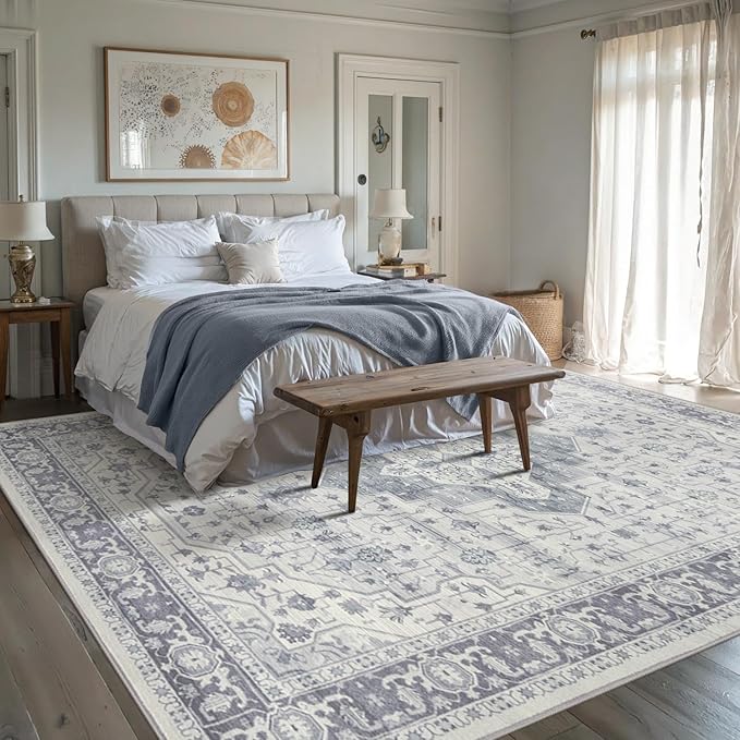 Rugxara 8x10 Washable Area Rug for Living Room, Extra Large Vintage Boho Rugs for Office, Kids Room, Farmhouse, Durable Low Pile Non Slip Carpet for High Traffic Areas,Blue Quartz