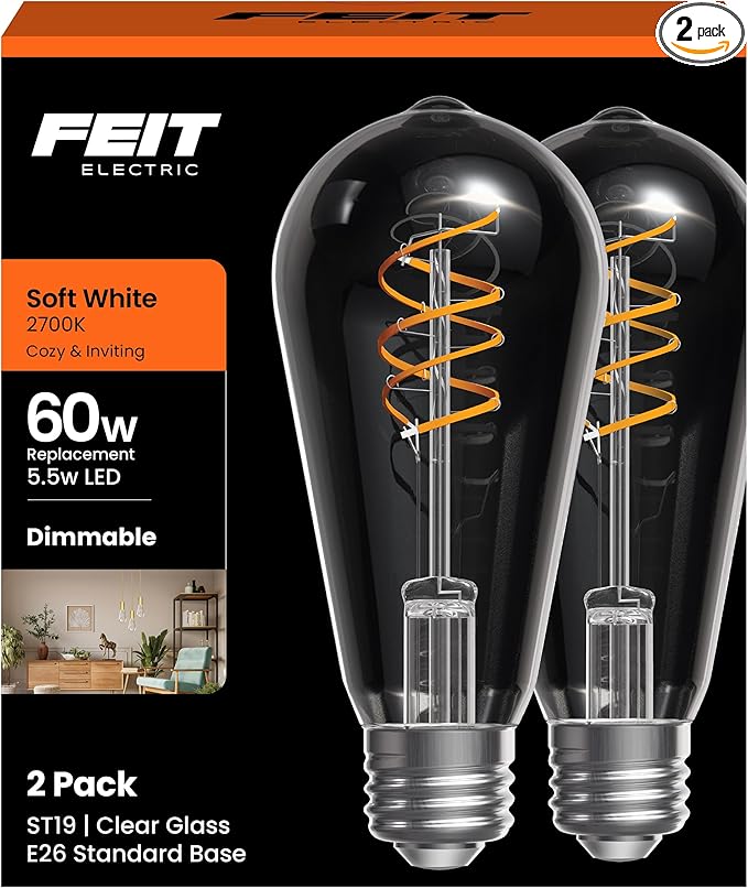 Feit Electric ST19 Vintage LED Light Bulb, 60W Equivalent, Soft White 2700K, Dimmable, Spiral Filament, Decorative Glass, E26 Base, Ideal for Home or Commercial Use, ST1960S2D/927CAFIL/2, 2 Pack