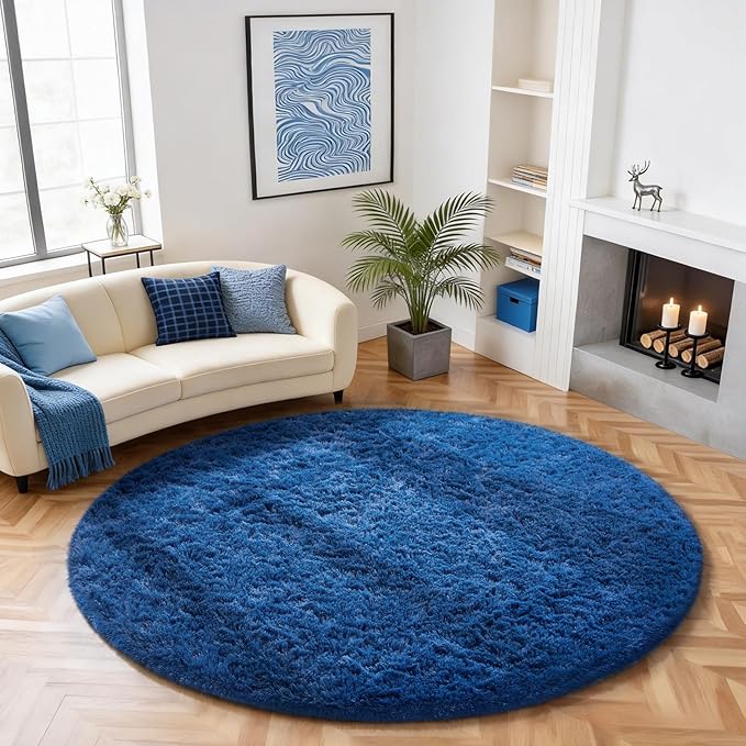 Ophanie Round Rug 6Ft Blue Circle Area Rug, Boys Room Decor, Fluffy Fuzzy Bedroom Carpet, Plush Soft Shaggy Living Room Rugs for Kids Home Decor Aesthetic, Nursery