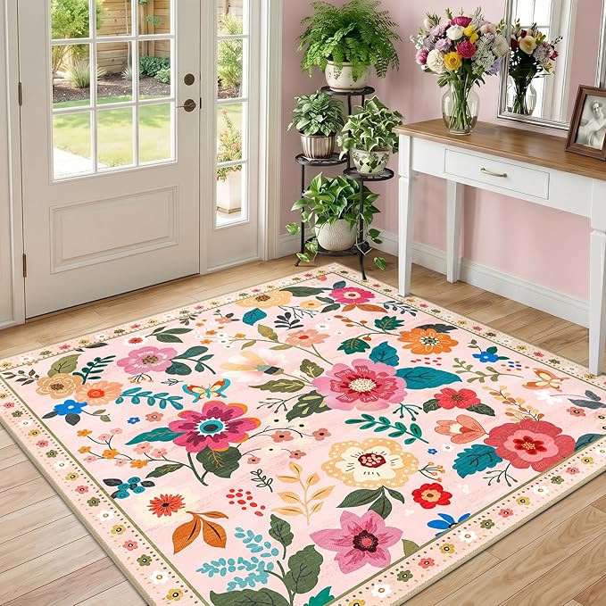 RELEANY Floral Nursery Square 4ft Area Rugs Washable Print Boho Cute Carpet Non Slip Flower Low Pile for Living Room Kids Girls Playroom Bedroom Kitchen Office Farmhouse-Pink