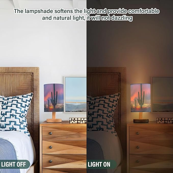 Table Lamp Saguaro Cactus in Sunset Arizona Desert Nightstand Lamp with Wood Base Fabric Lamp Shade Bedside Desk Lamp for Living Room Bedroom Kids Room Office