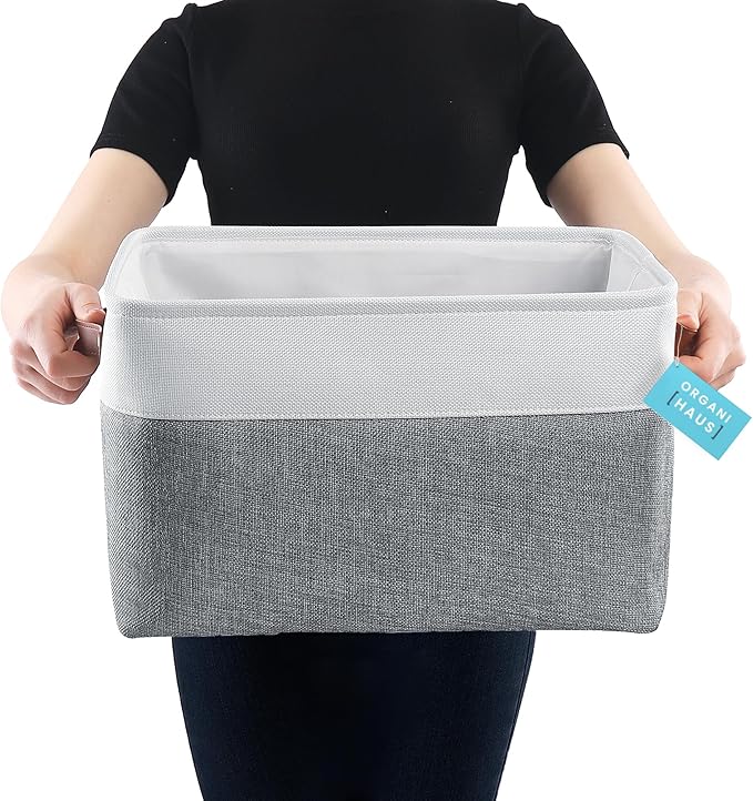 OrganiHaus Extra Large Fabric Storage Baskets for Shelves 3 Pack, 16x13in Closet Storage Bins, Canvas Baskets for Organizing, Linen Closet Organizers, Cloth Basket, Gray/Off-White