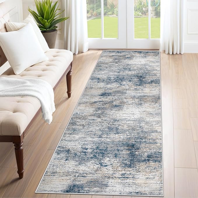 XLUEZ 2x7 Runner Rug for Hallway, Washable Modern Abstract Runner Rugs Neutral Soft Non Slip Kids Rug Stain Resistant Indoor Runners for Entryway Bedroom Kitchen Laundry Room(BlueWhite, 2'x7')