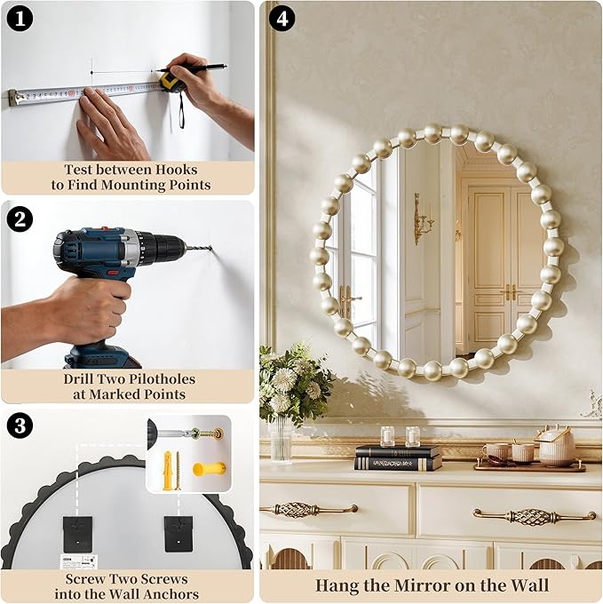 Round Vanity Wall Mirror, 24 Inch Beaded Frame Circle Mirror for Bathroom, Bedroom Dresser, Entryway, Living Room, Decorative Hanging Wall Mirror, Silver