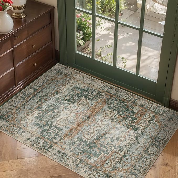 Rugxara Entryway Rug Door Mat, Washable Samll 2x3 Rug, Green Boho Front Door Mat, Non Slip Area Rugs, Low Pile Throw Accent Entry Carpet for Indoor Entrance, Bathroom and Kitchen(Green 2x3ft)
