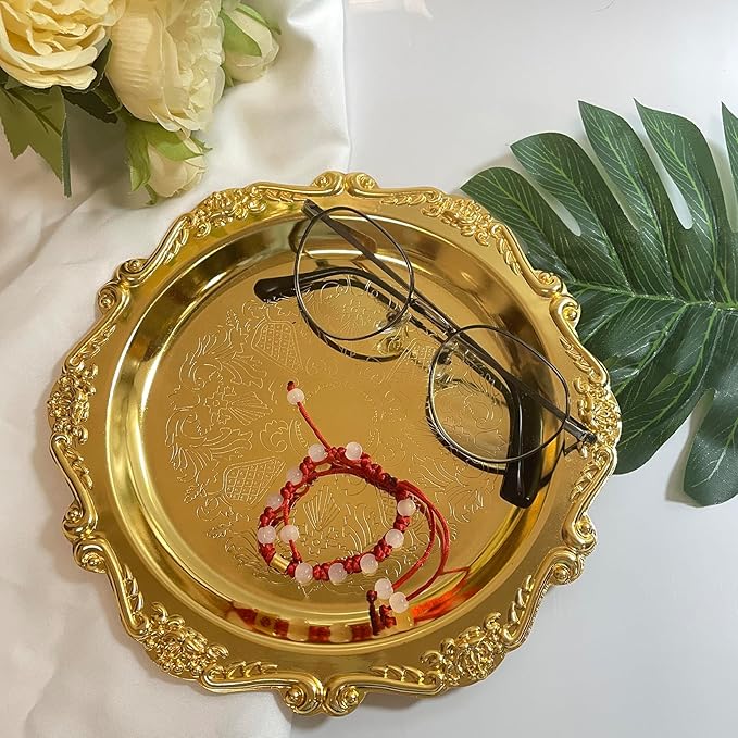 Tray Stainless Steel Decorative Trays Round Gold, Vintage Jewelry Perfume Storage Organizer with Embossed Rims, Small Display Tray Organizer for Dresser,Bedroom,Home Decor