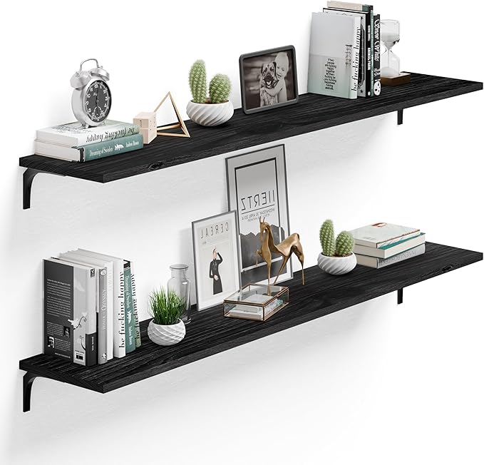 12 Inch Deep Floating Shelves Set of 2, 60 Inch Extra Wide Black Solid Wood Wall Shelves, 5ft Heavy Duty Farmhouse Wall Mounted Shelving for Kitchen, Living Room & Bedroom