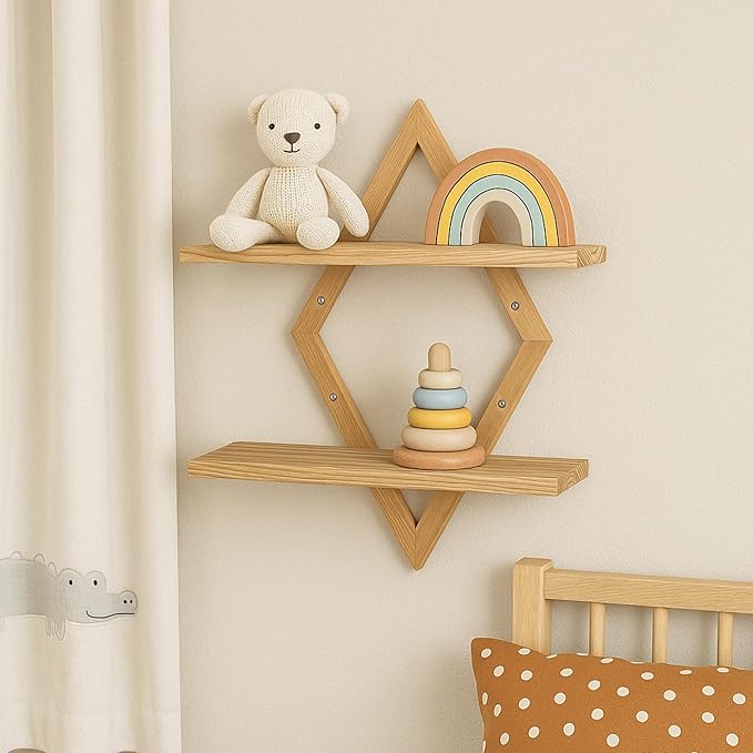 Floating Shelves for Wall,Decorative Wall Shelf,2 Tier Hanging Shelf for Plants Storage Display Holder,Indoor Decor for Living Room Home Office Bathroom Bedroom,Solid Wood,Diamond Shaped,2 Pack