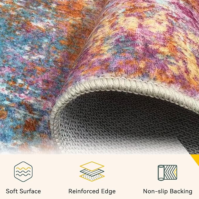 RELEANY Washable Area Rugs 3'x5' Non-Slip Modern Abstract Soft for Living Room Entryway Bedroom Nursery, Print Pattern, Orange Blue Pink Yellow Colorful