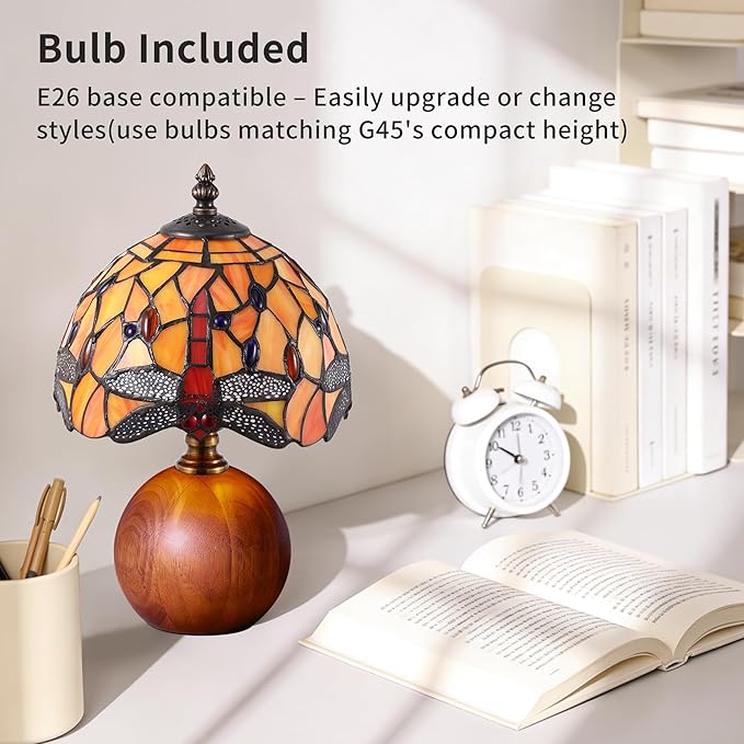 12.2" Tiffany Style Lamp, Handcrafted Dragonfly Stained Glass Table Lamp with Weighted Solid Wood Base, 3-Color Dimmable Bedside Nightstand Light for Bedroom & Living Room, LED Bulb Included