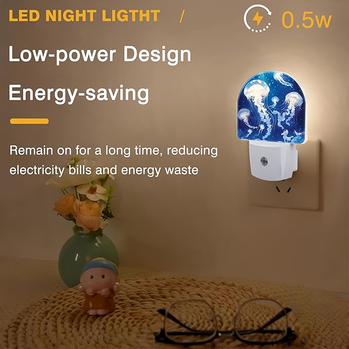 Underwater Night Lights Plug into Wall White Glowing Jellyfish Night Light Dusk to Dawn Smart Sensor Decorative Round Led Lamp for Bedroom Kitchen Hallway Nightlight for Women Men