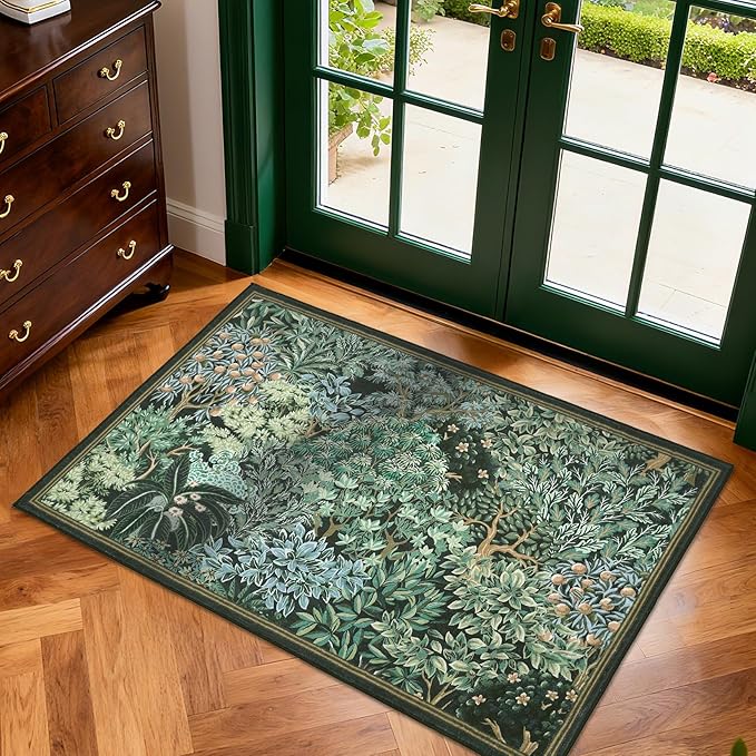 GarveeHome 2x3 Entryway Area Rug Non Slip Front Door Forest Rugs, Washable Indoor Kitchen Floor Mat Soft Low-Pile Stain Resistance Woodland Rug for Farmhouse Bedroom, Blue Green