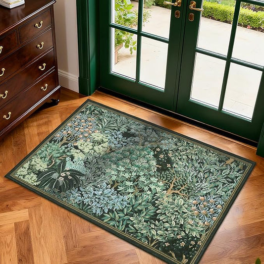 GarveeHome 2x3 Entryway Area Rug Non Slip Front Door Forest Rugs, Washable Indoor Kitchen Floor Mat Soft Low-Pile Stain Resistance Woodland Rug for Farmhouse Bedroom, Blue Green