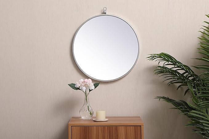 Brilliance, Metal Frame Round Mirror with Decorative Hook 18 Inch in Silver, Midcentury Modern, Silver