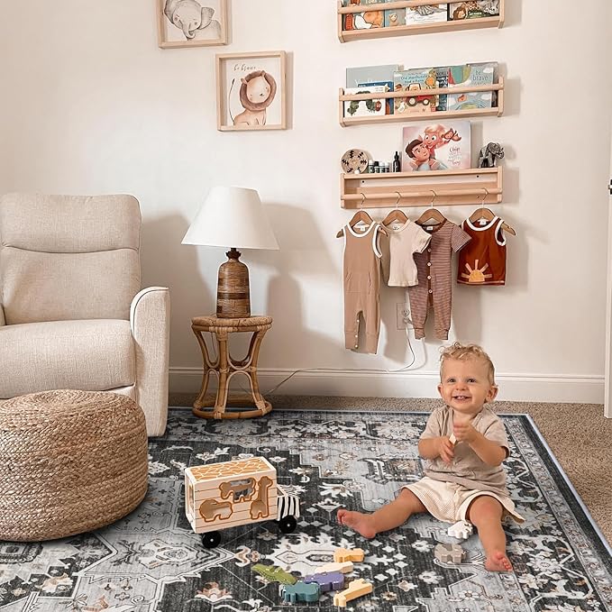 Washable Oriental Area Rug - 9x12 Rugs for Living Room Soft Carpet for Bedroom Waterproof Floral Distressed Indoor Stain Resistant Non-Shedding Floor Carpets (Black, 9x12)