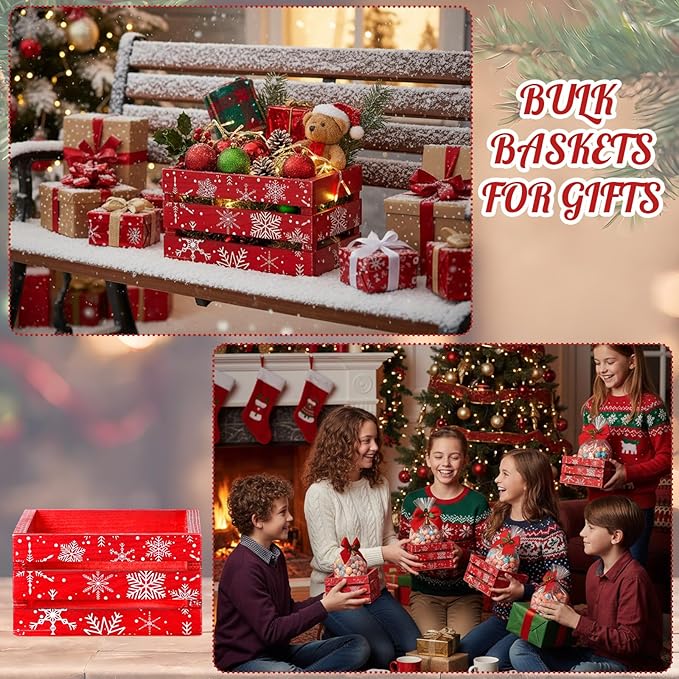 AceOrbit 12 Pcs Winter Wooden Gift Boxes 5 Inch Red Snowflakes Storage Basket Set with 12 Holly Bows and 12 Clear Gift Bags Small Decorative Nesting Organizer Boxes for Winter Craft Xmas Candy