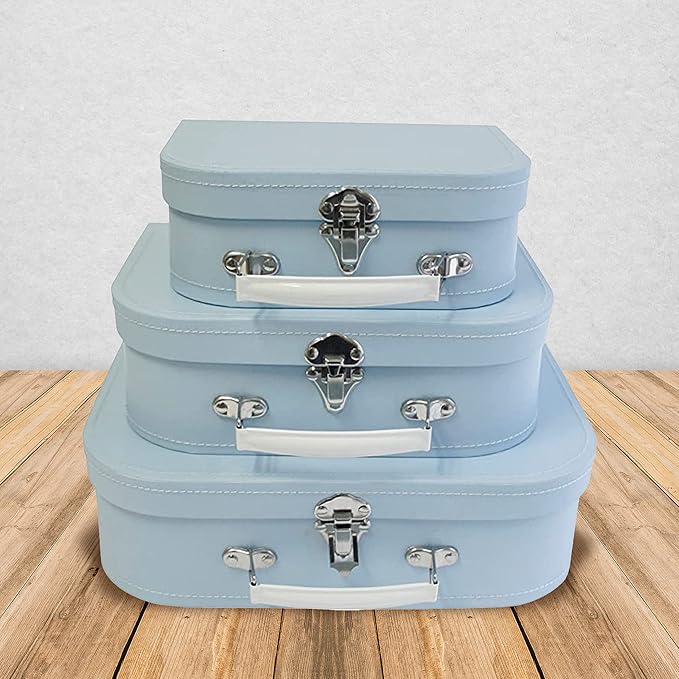 wald imports - Set of 3 Paperboard Suitcases -Decorative Storage Boxes - Suitcase Set for Decoration, Storage, and More (Baby Blue)