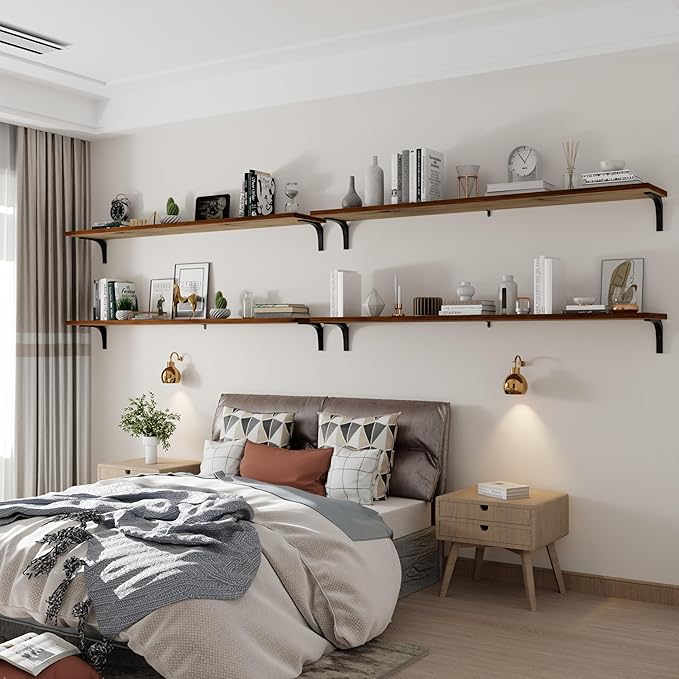 12 Inch Deep Floating Shelves Set of 4, 60 Inch Extra Long Walnut Solid Wood Wall Shelves, 5ft Heavy Duty Farmhouse Wall Mounted Shelving for Kitchen, Living Room & Bedroom