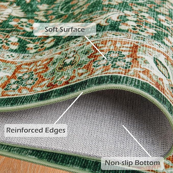Goideal Washable Rug 3x5, Vintage Area Rugs Non Slip, Indoor Low Pile Carpet with Rubber Backing for Living Room Kitchen Bathroom Entryway Office Bedroom,Green & Orange