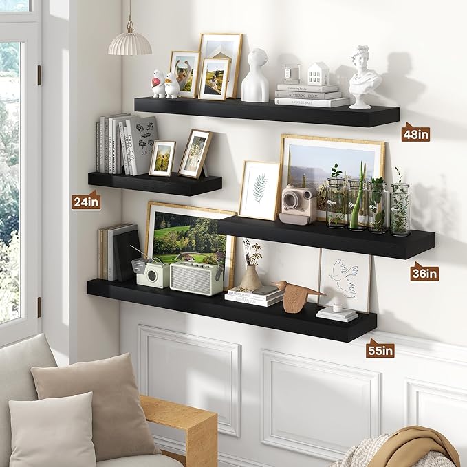 Heimlove 36 Inch Black Floating Shelves for Wall,10 Deep Wood Shelves with Invisible Brackets,Wall Mounted Storage & Display Shelves for Bedroom,Living Room,Kitchen,Office