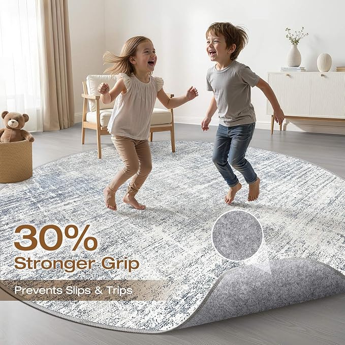 6ft Round Rug Living Room: 6x6 Washable Large Neutral Blue Circle Area Rug Abstract Soft Modern Stain Resistant Indoor Floor Non-Slip Carpet for Bedroom Nursery Kids Office Playroom Dining Room