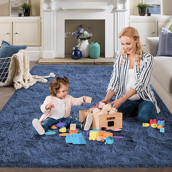 FinRèc Dark Blue Rug for Bedroom Living Room, 3x5 Feet High Pile Plush Area Rug, Non-Slip Soft Fluffy Carpet for Nursery Kids Room Dorm Room Home Decor, Indoor Fuzzy Floor Rugs
