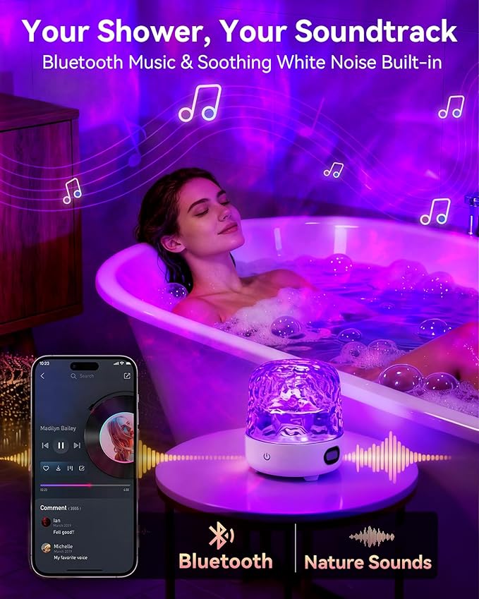 Shower Light with Bluetooth Speaker, Waterproof Shower Lamp with White Noise, 16 Colors Ocean Wave Projector Light with Remote & Touch Control, Music Lamps for Inside Shower Bathroom Bathtub