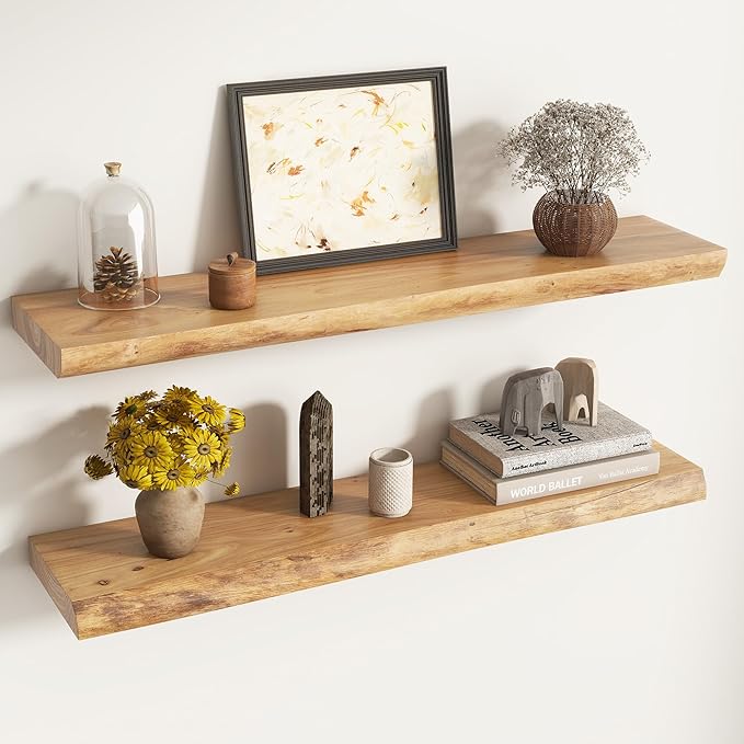 Venusmiles Live Edge Elm Floating Shelves for Wall Decor, Rustic Solid Wood Shevles Wall Mounted with Invisible Bracket for Living Room Bathroom Bedroom Kitchen, 36 Inch Set of 2, Natural