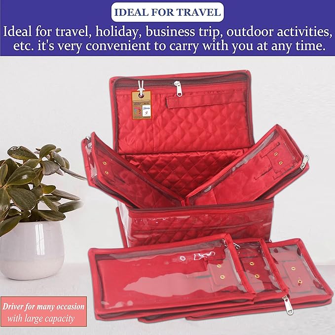 atorakushon Fabric Jewellery Organizer Make Up Kit with 5 Pouch (Maroon, Large)