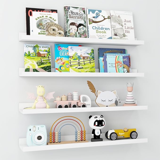 Axeman 30 Inch White Floating Shelves | Picture Ledge Shelf Set of 4 | Rustic Wood Wall Shelves with Lip | 30" White Picture Shelf for Wall with Ledge | Photo Shelves