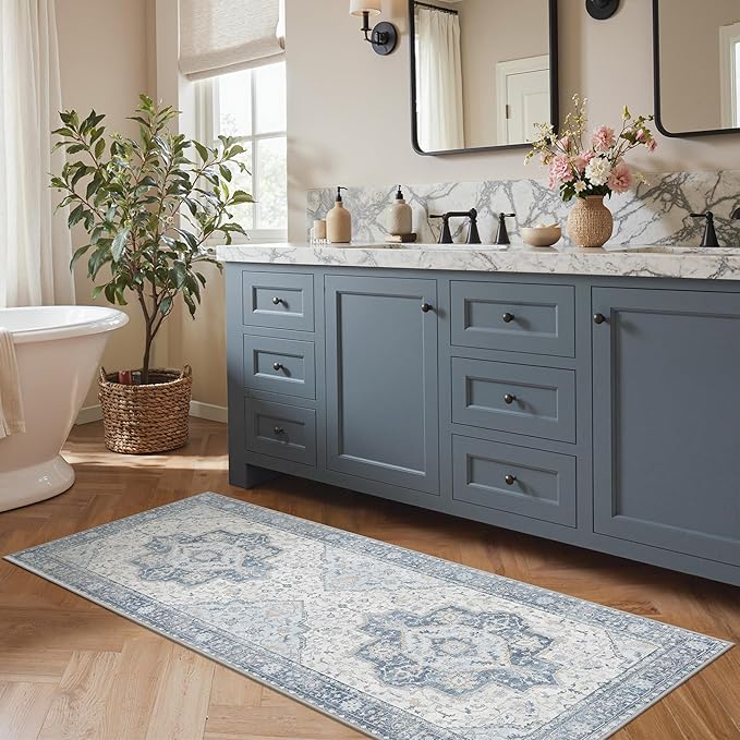 GENIMO Runner Rug 2'x7' Machine Washable Non Slip Vintage Hallway Runner Rug, Low Pile Lightweight Rugs for Indoor Entryway, Hallway, Kitchen and Corridor, Light Blue Beige