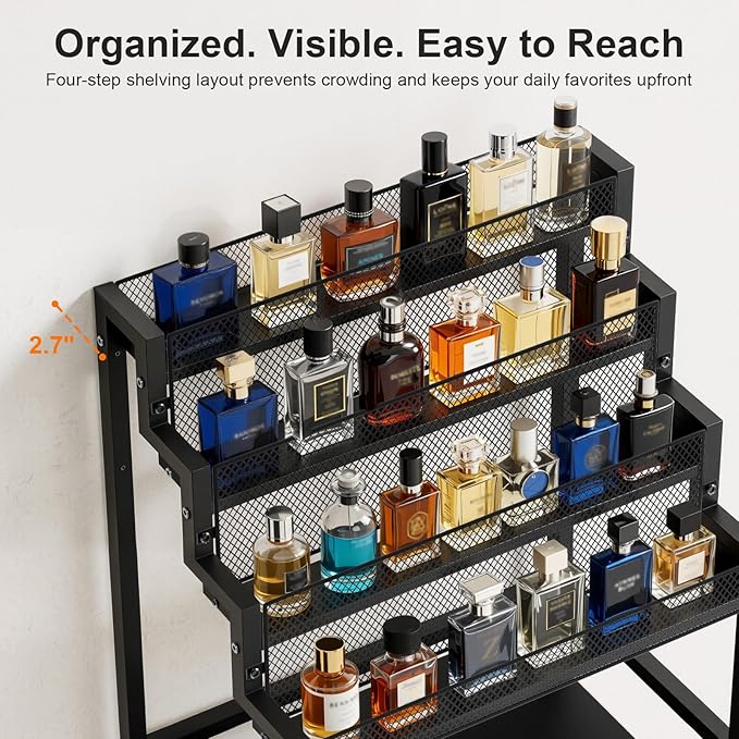 4-Tier Men's Cologne & Accessory Organizer with Drawer & Wheels, Sleek Industrial Wooden & Metal Perfume Display Rack for Cologne Bottles, Aftershave & Grooming Essentials, Multi-Functional Fragrance Storage Stand, Black