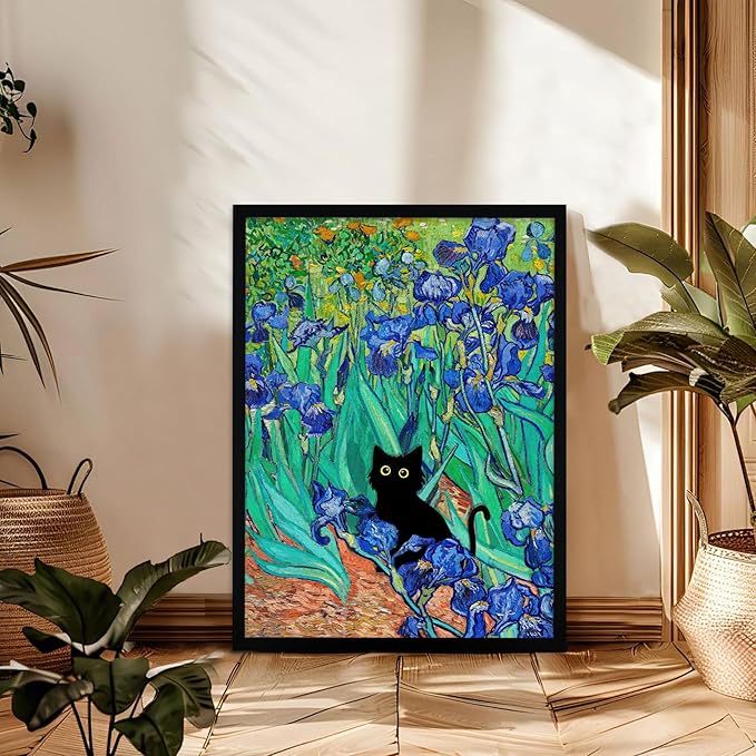 Fantasy Artists Van Gogh Irises Cat Wall Art, Framed Vintage Garden Canvas Wall Decor, Funny Black Cat Poster Prints, Paintings,Bathroom,bedroom,Living Room Artwork Decorations 16" Wide X 24" Height