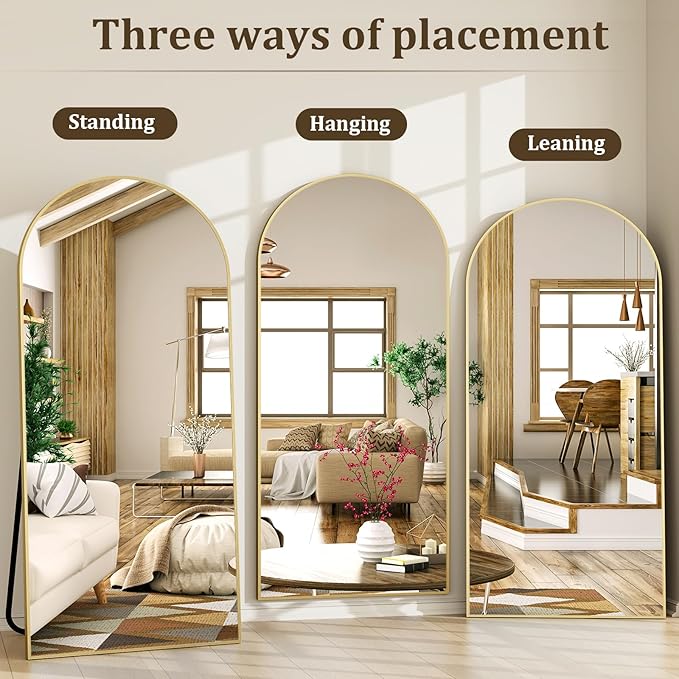 XRAMFY 86"x40" Arched Full Length Mirror Floor Mirrors with Aluminum Alloy Frame Free-Standing Wall Mounted Floor Mirrors or Large Dressing Mirror, Gold Mirror Full Length